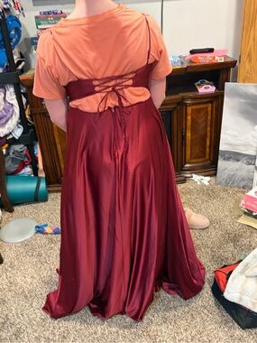 B Darlin Burgundy Satin Lace-Up Prom Dress